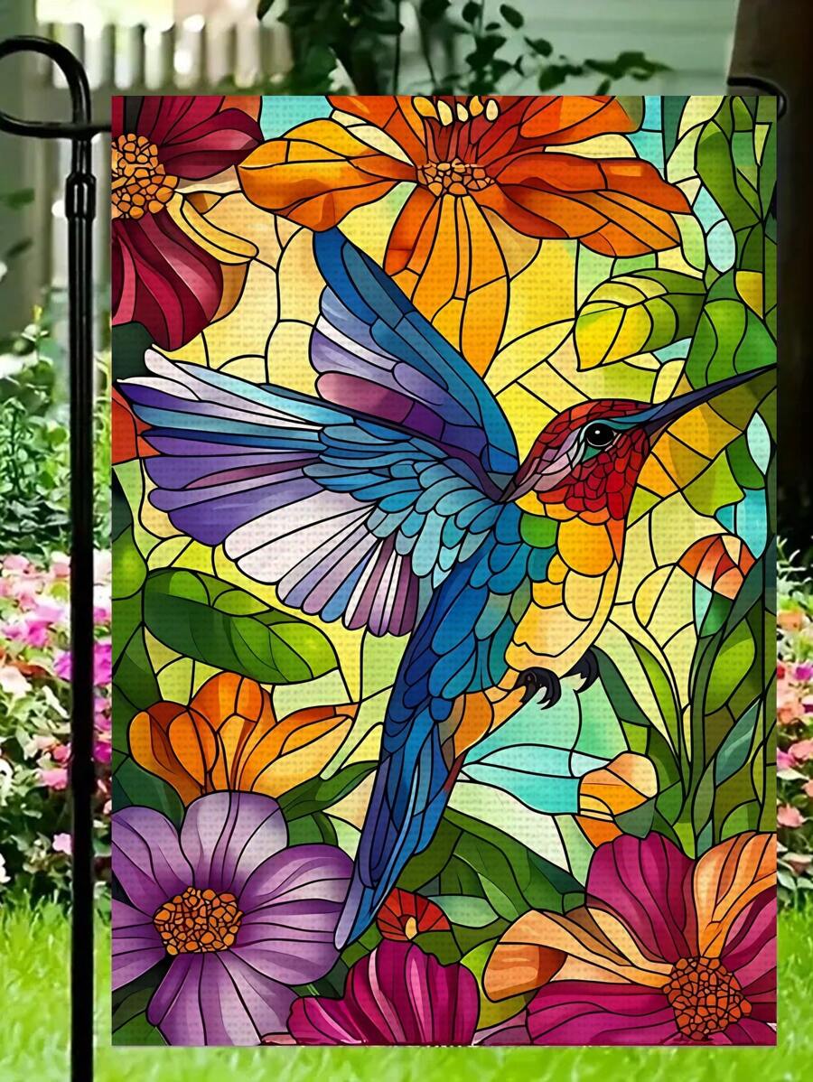 1 件鲜艳的蜂鸟和芙蓉双面花园旗帜 - 14.17x18.50 英寸，亚麻材质，非常适合户外草坪和庭院装饰、农舍装饰（仅旗帜） - 彩色 - 查看 1