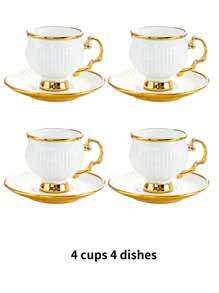 1 Set, 6 Cups And 6 Saucers, Turkish Coffee Cups And Water Glasses, English Afternoon Tea Set, With Handles, Heat-Resistant, Golden Luxury, Suitable For Restaurants, Homes And Offices, A Great Gift Choice For Family, Friends And Loved Ones