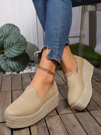 Women's Casual Fashion Platform Wedge Shoes, Solid Color Elegant Suede Rope-Woven Slip-On Comfort Footwear, Suitable For Vacation & Leisure All Seasons