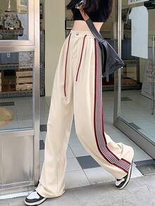 女士高腰抽绳阔腿宽松休闲运动裤、下装 - 杏色 - 查看 5