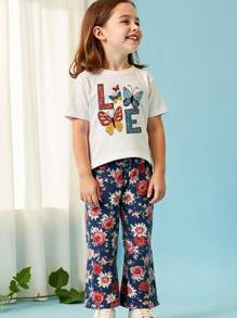 2pcs/Set Girls Heart Pattern Sets - Butterfly Graphic T-Shirt And Floral Print Pants, Suitable For Little Girls Spring/Summer Outfit - White - View 2