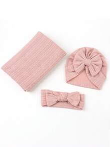 3pcs/Set 1-6 Months Infant Swaddle Blanket Set, Autumn/Winter, Newborn Baby Jacquard Knit Swaddle Wrap, Butterfly Headband Hat