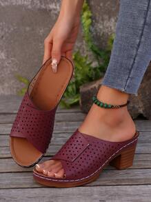 大码 36-43 夏季新款时尚粗高跟凉鞋，日常穿着露趾拖鞋，时尚勃艮第色 PU 皮革厚底女式凉鞋 - 酒紅色 - 查看 2