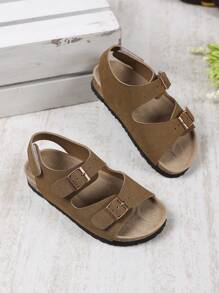 1 par de sandalias planas marrón para niñas de talla grande y ancha, con correa de unicolor, hebilla metálica, diseño de, punta redonda, antideslizante, estilo romano lindo y de lujo, adecuado para niños y niñas de 3 a 15 años, para uso diario, fiesta, casual, vacaciones, nueva llegada primavera/verano 2025 - Marrón - Ver 5