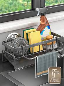 1pc Multi-Functional Carbon Steel Kitchen Storage Rack Kitchen Sink Faucet Sponge Drain Basket Kitchen Shelf Sink Rags Draining Rack Detergent Steel Wire Ball Storage Rack, No Hole Punching And No Installation, Can Hang Cleaning Cloth Can Store Cleaning Tools, Kitchen Accessories