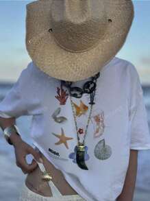 Camiseta de manga corta con cuello redondo, estilo casual y versátil de mujer para verano, con estampado de flores, langosta y vida marina, en estilo playero y callejero, de corte oversize