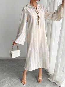 Arabic Women's Dress, Striped Luxury Sequin Beaded Patchwork Dress, Lightweight Loose Casual Hooded Long Dress For Autumn, Arabic Party Festival Fashion Essential, Hooded Maxi Dress, Holiday Dress, Luxury Evening Gown, Elegant Style, Casual, Beach Vacation Dress For Women - Apricot - View 1