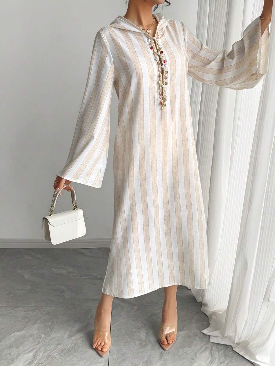 Arabic Women's Dress, Striped Luxury Sequin Beaded Patchwork Dress, Lightweight Loose Casual Hooded Long Dress For Autumn, Arabic Party Festival Fashion Essential, Hooded Maxi Dress, Holiday Dress, Luxury Evening Gown, Elegant Style, Casual, Beach Vacation Dress For Women - Apricot - View 1