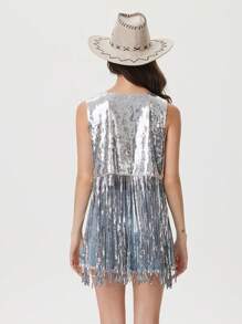 银色亮片无袖流苏亮片开襟背心