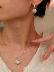 3 件 S925 纯银方晶锆石珍珠项链首饰套装，优雅珍珠和方晶锆石项链及耳环套装，复古性感风格，完美的情人节礼物 - 珍珠 - 查看 5