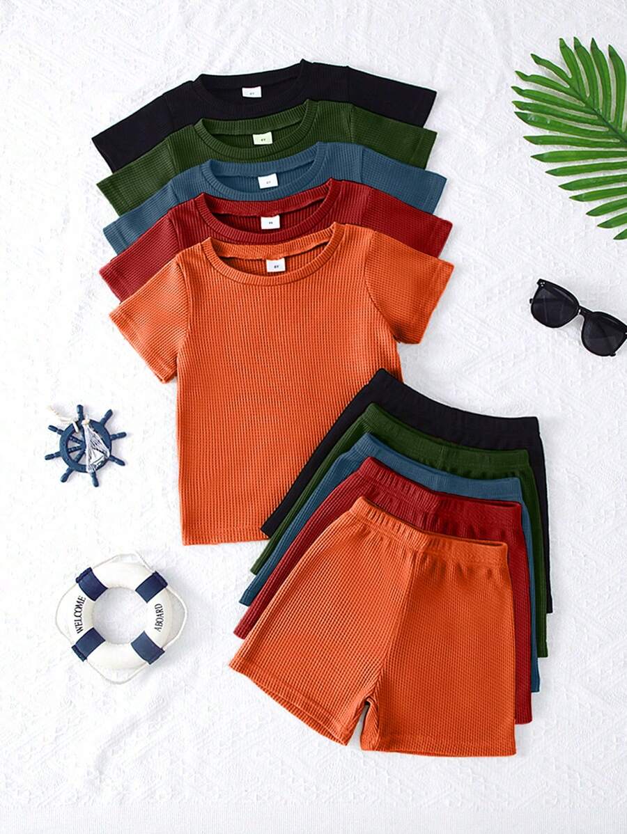 10pcs/Set Boys Casual Solid Color Waffle Knit Soft & Comfy Short Sleeve T-Shirt And Shorts Set, Outdoor Leisure Wear, Spring/Summer - Multicolor - View 1