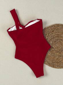 性感欧式镂空单肩女式连体泳衣 - 紅色 - 查看 2