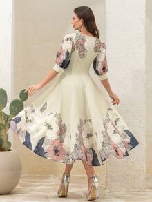 Women's Random Print V-Neck Elegant Long Dress - Apricot - View 2