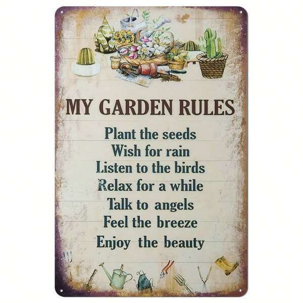 1pc "My Garden Rules" Vintage Metal Tin Sign, Tin Sign, Wall Art Decor, Rustic Wall Art Decor, Outdoor Garden & Kitchen Decoration (8''x12'')