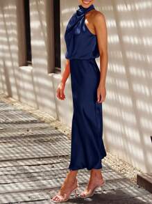 Women's Summer Satin Dress Elegant Sleeveless Fake Neckline Cocktail Gown - 深藏藍色 - 查看 3