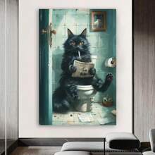 Framed Humorous Black Cat On Toilet Reading Newspaper Canvas Art Print - Unique Bathroom Wall Decor For Cat Lovers - Canvas Poster - Framed - View 3