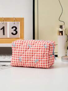 1 Stück neue karierte Schleifen Großraum-Clutch Aufbewahrungstasche, Münztasche tragbar, frisch und einfach, japanischer und koreanischer Studenten Beliebte Aufbewahrungstasche für Ausweise, Kosmetika, Datenkabel. Süßer, mädchenhafter Kosmetiktasche