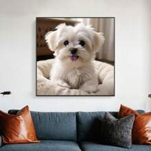 1pc White Dog Theme Round Diamond Painting Kit - Full Drill Diamond Art Canvas DIY Mosaic Craft Set, Including Pen, Glue, Diamond Tray, Diamond Beads. Suitable For Diamond Painting Lovers, Home Wall Decor Gift And Stress Relief