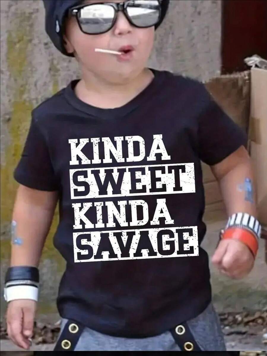 Boys "Kinda Sweet Kinda Savage" T-Shirt Tee Top Short Sleeves Crew Neck Summer Casual Kids Clothes - màu đen - Xem 1