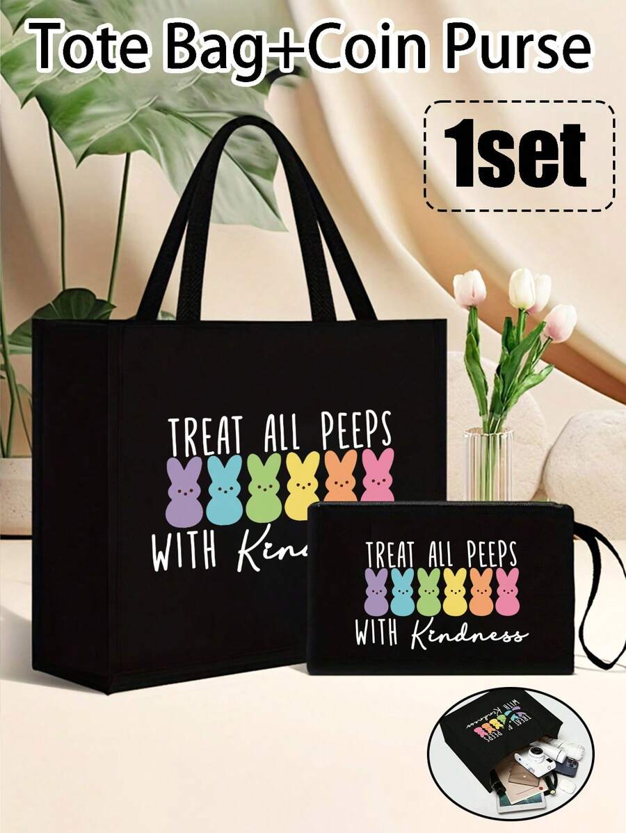 Colorful Cartoon Rabbit Pattern Printed Black Linen Handbag,Cute Rabbit Pattern,"Treat All With Kindness"Pattern ,Easter Bunny,Large Capacity Cosmetic Bag With Hand Rope,Hanging Toiletry Bag,Travel Cosmetic Bags