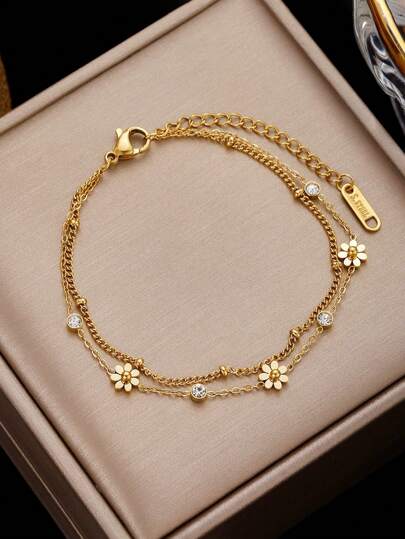 1pc Stainless Steel Small Daisy Floral Bracelet For Girls (The Number Of Beads May Slightly Differ From The Description, The Actual Bead Count Depends On The Size), Gift For Friends