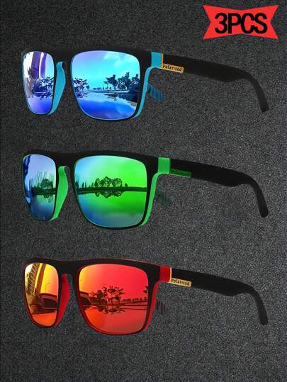 3 Pieces Set Fashion Sports Eyeglasses, Retro Square Driving Fishing Glasses With Icy Blue Mirror Lens For Summer Beach Vacation,Outdoor,Travel