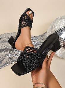 Giày nữ cỡ lớn, cỡ 41, dép lê đế vuông pha lê bất đối xứng phong cách Hàn Quốc, cỡ lên đến 42, dép xỏ ngón chéo đa năng thường ngày - màu đen - Xem 6