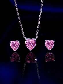 1 Set 5A Grade Cubic Zirconia 925 Sterling Silver Classic Heart Shaped Pink Pendant Necklace And Earrings, Engagement, Daily Party Jewelry Sets For Women, Anniversary Holiday Gifts