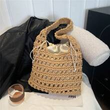 1buc 2025 Poșetă de plajă, țesută în gol, bej, geantă de umăr elegantă, ușoară, pentru ieșirile de vară pe plajă pentru femei, genți de plajă pentru vacanță și utilizare zilnică