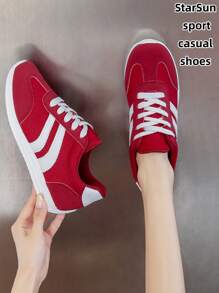 Damen Mehrfachfunktions Orthopädische Schuhe für alle Jahreszeiten, wasserdicht rutschfest leicht zu reinigen mit rundem Zehenbereich, flache bequeme vielseitige Sneaker, Farbblock Retro Skater Schuhe, Rot/Grün/Gelb, Größe 35-43 Große Größen