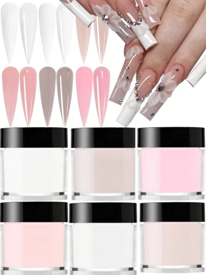 Set de 6 piezas de polvo acrílico, set de polvo acrílico resaltador blanco y rosa nude, diseño de arte de manicura DIY, 6 colores de acrílico para escultura 3D de uñas, extensión de manicura francesa y tallado de uñas, kit profesional de uñas acrílicas 3D de polímero, incluye prensa de uñas acrílicas