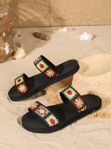 Sandales plates pour femmes, style national imitant le lin, corde de voyage, sandales à semelle de paille, mules florales à la mode coréenne, sandales plates de plage pour femmes