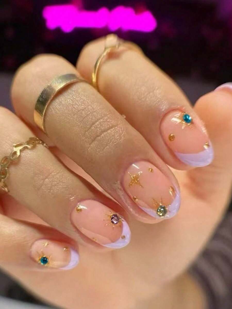 Bộ 24 miếng dán móng tay hình bầu dục màu tím bóng, thiết kế đính đá hình ngôi sao, vừa khít, móng giả acrylic bao gồm 1 lọ sơn gel và 1 dũa móng, phù hợp cho phụ nữ và bé gái sử dụng hàng ngày, đi làm, học tập và dự tiệc. Dụng cụ làm móng nghệ thuật. - Nhiều màu - Xem 1