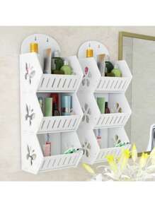 [1pc Wall-Mounted Shelf] 3 Layer PVC Wall-Mounted Bathroom Shelf Punch-Free Bathroom Wall Hanging Storage Racks Bedroom Living Room Bathroom Finishing Storage Shelves White Elegant Dual-Tier No-Drill Wall-Mounted Bathroom Shelf | Storage Organizer For Shower Gel & Cosmetics With Hooks, Bathroom Organizers And Storage - Multicolor - View 6