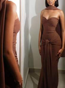 Off Shoulder Backless Bodycon Lace-Up Long Dress, Sexy & Figure-Hugging - Brown - View 2