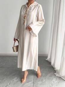 Arabic Women's Dress, Striped Luxury Sequin Beaded Patchwork Dress, Lightweight Loose Casual Hooded Long Dress For Autumn, Arabic Party Festival Fashion Essential, Hooded Maxi Dress, Holiday Dress, Luxury Evening Gown, Elegant Style, Casual, Beach Vacation Dress For Women - Apricot - View 5