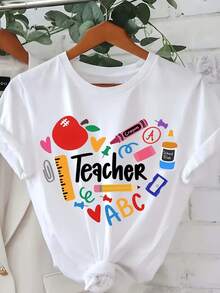 [Impresión de Maestro, Top Casual] Camiseta de Verano de Manga Corta con Impresión de Maestro - Top Casual de Cuello Redondo para Mujeres - Blanco - Ver 1