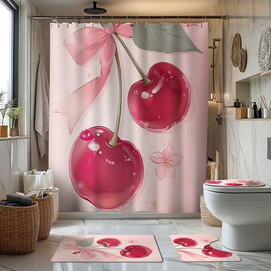 1/4pcs Cherry Blossom Themed Bathroom Set, Includes Shower Curtain, Bath Mat, U-Shaped Toilet Cover Lid, Waterproof, No-Drill, Machine Washable, Modern Style Bath Divider Curtain Back To School - Multicolor - View 1