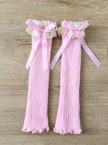 Fashion Retro Girls Ruffle Bow Knitted Long Sock, Warm Leg Warmers, Spring Autumn