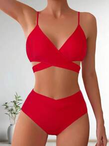 Women's Fashion Tankini Top And Bottom Swimwear Set, Leisure And Holiday - Red - View 6