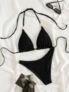 2 件性感女士泳衣套装，黑色比基尼，新款欧美时尚沙滩装，女士泳衣，夏季泳装，涤纶波浪纹，露背系带，适合海滩、泳池派对