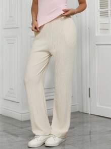 Relaxed Daily Wear Loose Pocket Elastic Waist Textured Stretch Straight Leg Vacation Pants - Apricot - View 3