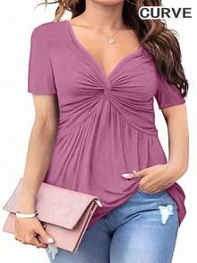 Plus Size Twist Front Top Casual V Neck Short Sleeve Top T-Shirt - Red Violet - View 1