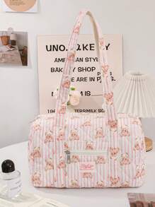 1PC Bowknot Floral Stripe Pattern Quilting Stylish Duffel Bag Girls Weekend Bag Short Trip Tote Bag,Girls Travelling Bag Shoulder Bag, Girls Sport Bag ,Mummy Bag ,Nappy Bag ,Yoga Bag Quilted Zipper Handbag Suitable For Ladies And Girls, Gift For Valentines Gift ,New Year Gift - Multicolor - View 12