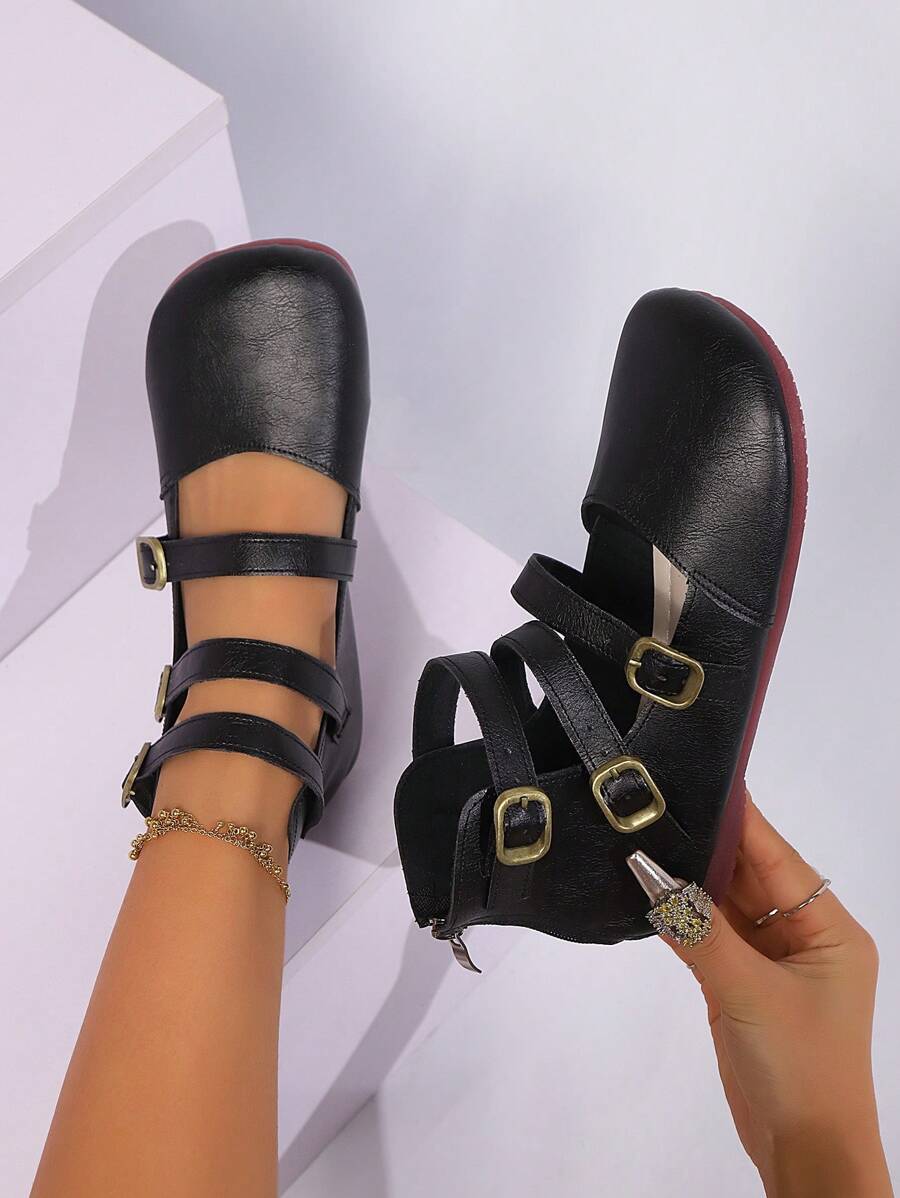 New Soft Rounded Toe Mary Jane Flat Shoes, Vintage Black Big Head Low Vamp Comfortable Shoes - Black - View 1