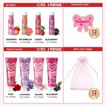 MISS FACTORX 48pcs/Box Hand Cream & Lip Balm Gift Set - Perfect For Wedding, Friends Gathering Or Party Favors! Includes 12 Pcs Hand Cream, 12 Pcs Lip Balm, 12 Pink Organza Bags And 12 Thank You Cards. Suitable For All Skin Types And Low-Allergy. Made With Natural Ingredients Like Coconut Oil And Glycerin.