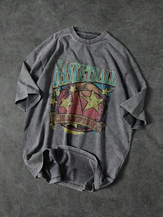 Shwiy Men's Vintage Washed Grey Short Sleeve T-Shirt With School, Basketball & Star Pattern Print, Suitable For School, Gift