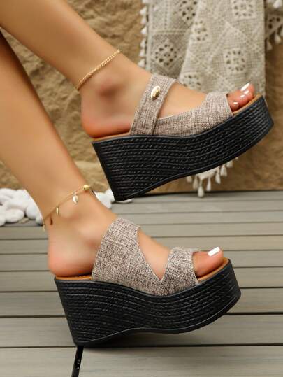 Women's Lightweight Wedge Heel Open Toe Sandals, High Heels, Thick Sole Fashion Button Decor, Suitable For Beach Holiday