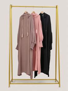 1pc Women Chiffon Crinkled Abaya, Muslim Hooded Drawstring Robe, Fashionable Solid Color Hijab, Elegant Casual Comfortable Outerwear, Suitable For Daily Life,Modest
