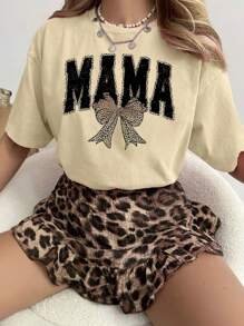 Koszulka damska z grafiką na wiosnę/lato, elegancka, skromna koszulka damska z nadrukiem na dzień matki i nadrukiem w panterkę, khaki, krótki top z okrągłym dekoltem, regularny krój